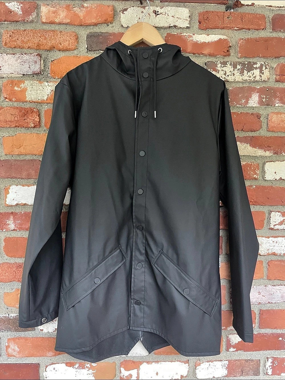RAINS Long Jacket Hooded Rain Jacket Black XS cabincore
